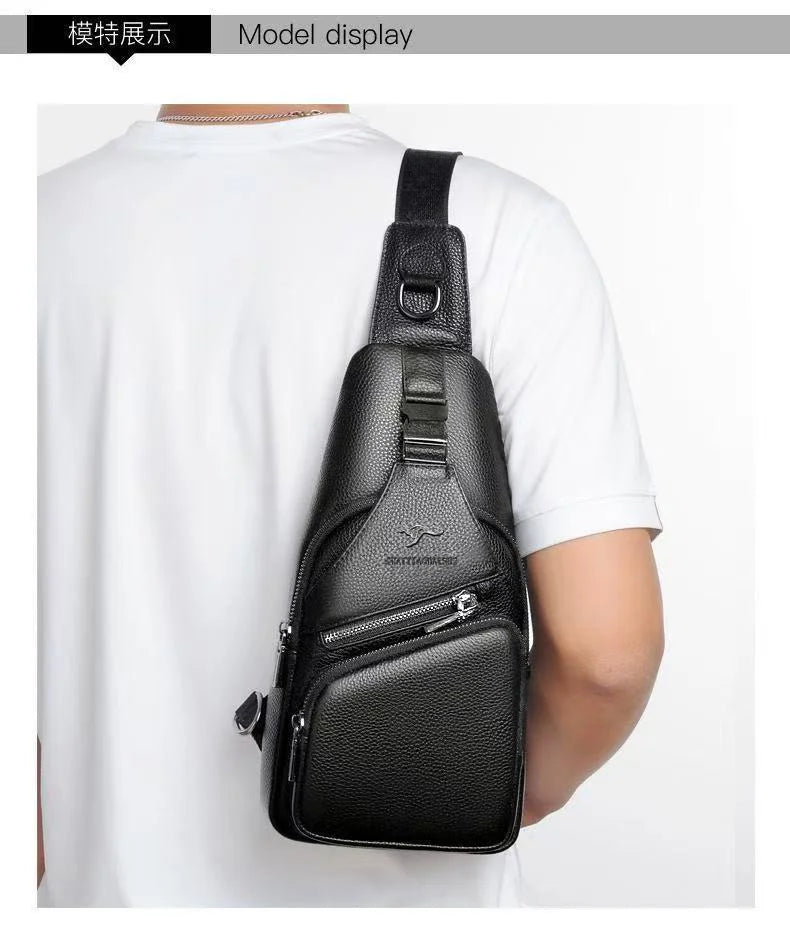 Minimalist Men's Sling Chest Bag, Pu Leather Small Crossbody Bag Ultra-Light Daypack Black/Brown Travel Chest Pack for Men