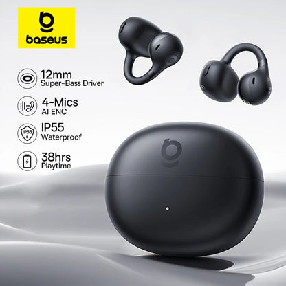 Baseus Bass BC1 Open Ear Earbuds Clip-On Headphones Open-Ring Comfort Clip Earphones SuperBass 4-Mic Clear Calls Sports Earbuds