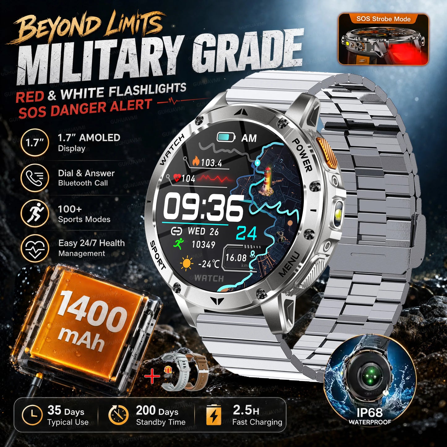2026 New Military Outdoor Smart Watch Men 10ATM Waterproof Diving Heart Rate Monitor LED Flashlight Bluetooth Call Fitness Watch