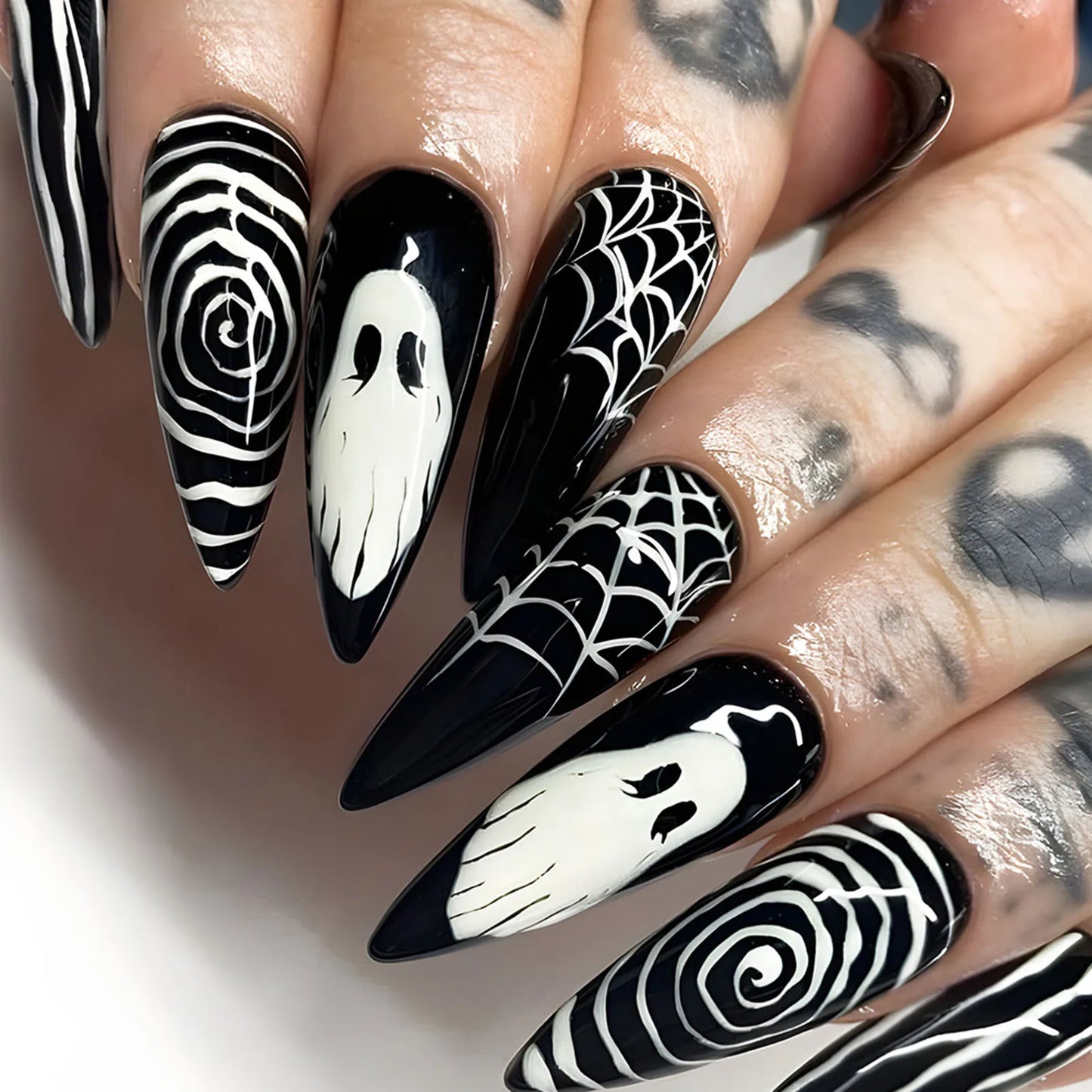 24pcs Blood Red Gradient Long Pointed Fake Nails – Full Cover Halloween Press-On Nail Tips