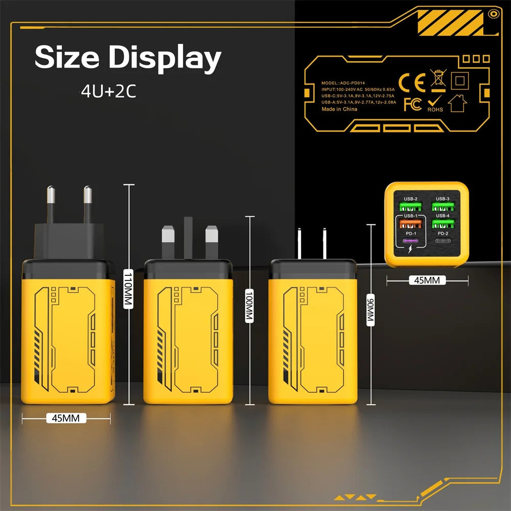 6 Ports 240W USB Type C Charger USB Super Fast Charging Mobile Phone Charge Adapter PD3.0 For iPhone 17 16 Samsung EU/UK/US Plug