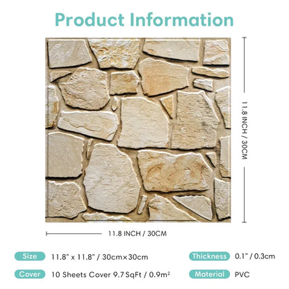 3D Tile Stickers, 3D Faux Stone Textures, Matte, 30cm x 30cm, Water and Mold Resistant, for Living Room, Kitchen Wall Update - Urbizia