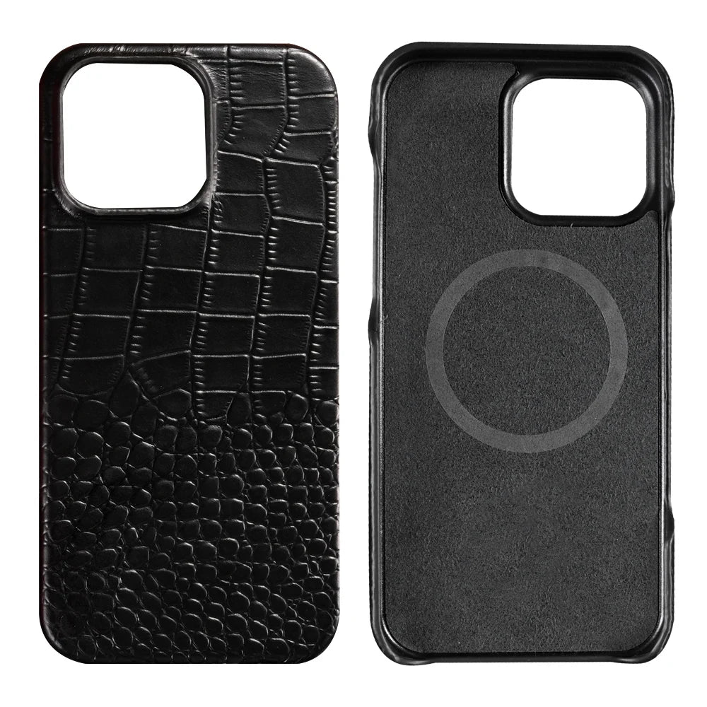 for Magsafe Case for iPhone 15 16 17 18 Pro Max Air 18Pro Natural Cowhide Leather Magnetic Protector Luxury Phone Back Cover