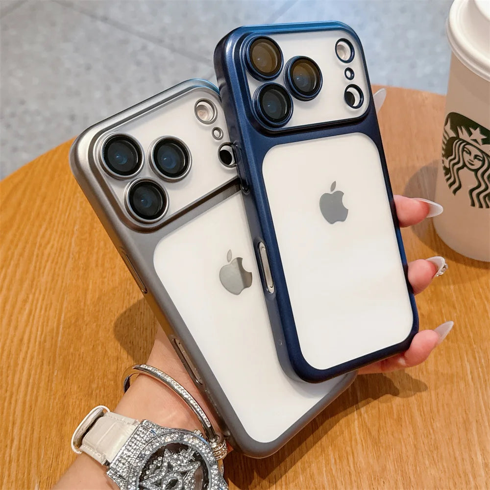 Luxury Frosted Transparent Matte Phone Case For iPhone 16 15 17 18 Pro Max Air 14 13 12 11 Metallic Color Frame Protection Cover