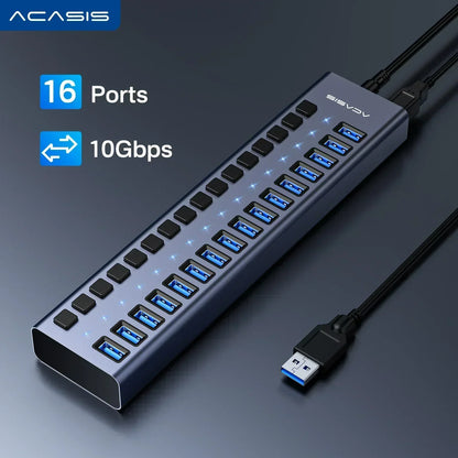 Acasis 16/10/7 Port USB Hub 10Gbps Individual Switch Charging Data Transfer for PC Laptop Workstation Multi Device Expansion
