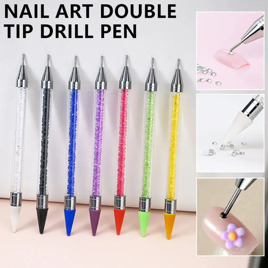 1Pc Dual Heads Point Drill Pen Acrylic Handle Crystal Beads Rhinestone Gems Picker Dotting Wax Pencil DIY Nail Art Tools