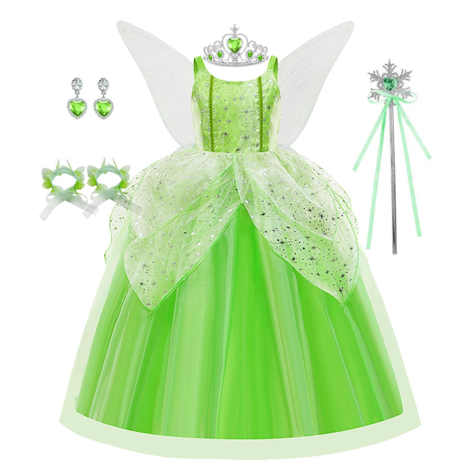 Girls Flower Fairy Dress – Kids Princess Costume with Wings, Halloween & Party Tinkerbell Dress