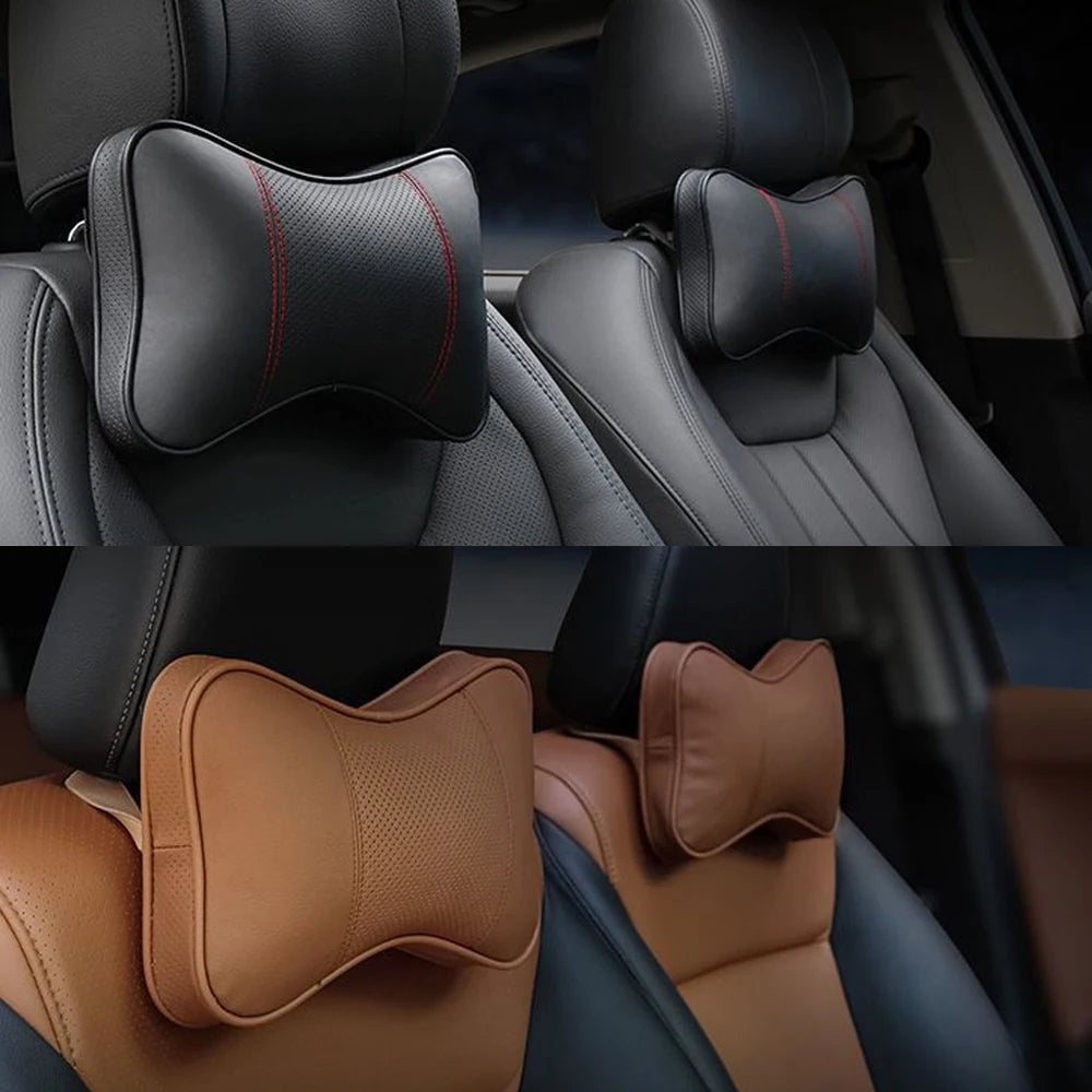 2PCS Top Quality Cowhide Car Neck Pillows Headrest Neck Pillow Support Auto Universal Seat Soft Breathable Interior Decoration