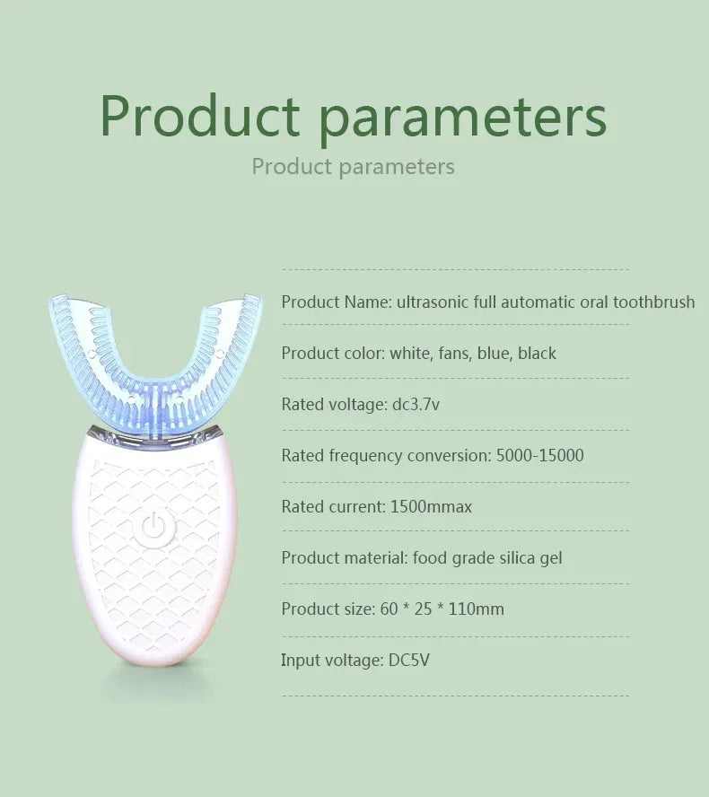 Intelligent U-Type Toothbrush 360 Degrees Sonic Electric Automatic with USB Charge Waterproof Silicon Head for Oral Care - Urbizia