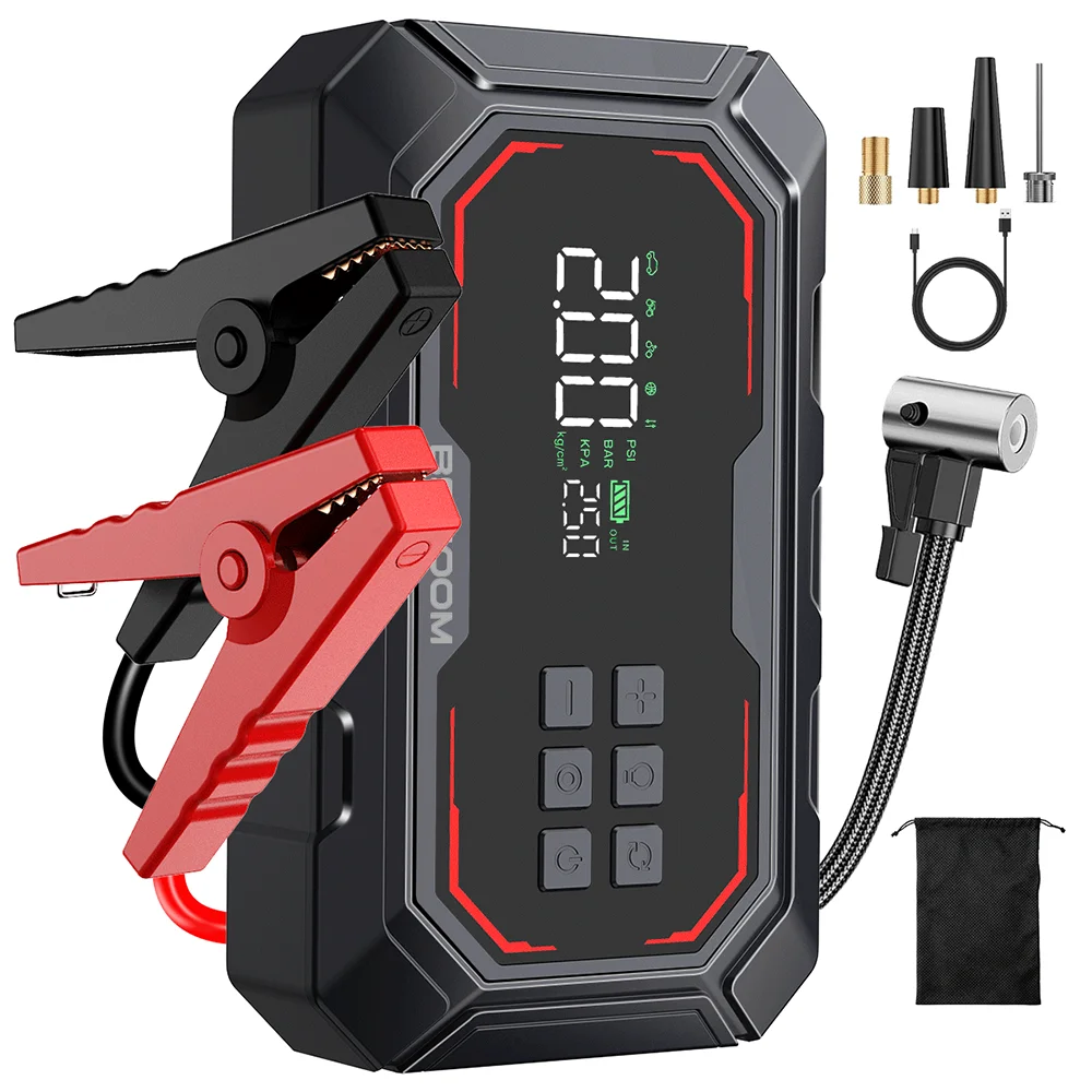 1500A Peak Car Battery Starter Kit, Featuring a 150 PSI Air Compressor, Jump Cable Box, Portable Starter for 12L of Gasoline/10.0L of Diesel Engines, LCD Display, 3-Mode LED Flashlight, Fast Charging USB-C, Lithium Polymer Ba