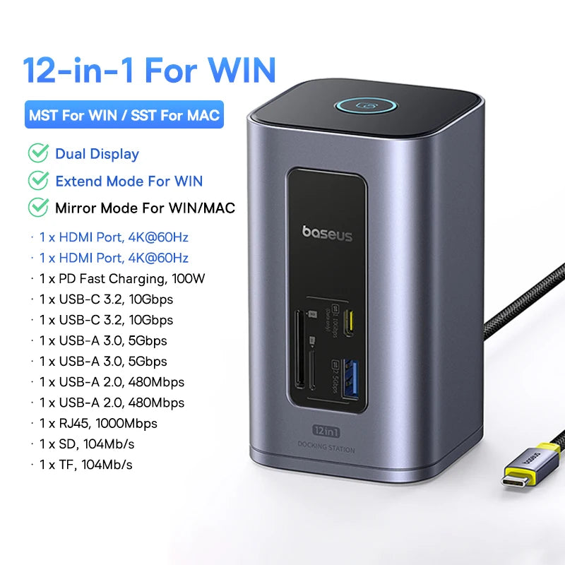 Baseus USB C HUB for Mac M3 M2 M1 System HDMI 4K@60Hz MST Triple Display for MacBook Air Pro Window 11-in-1 HUB Docking Station