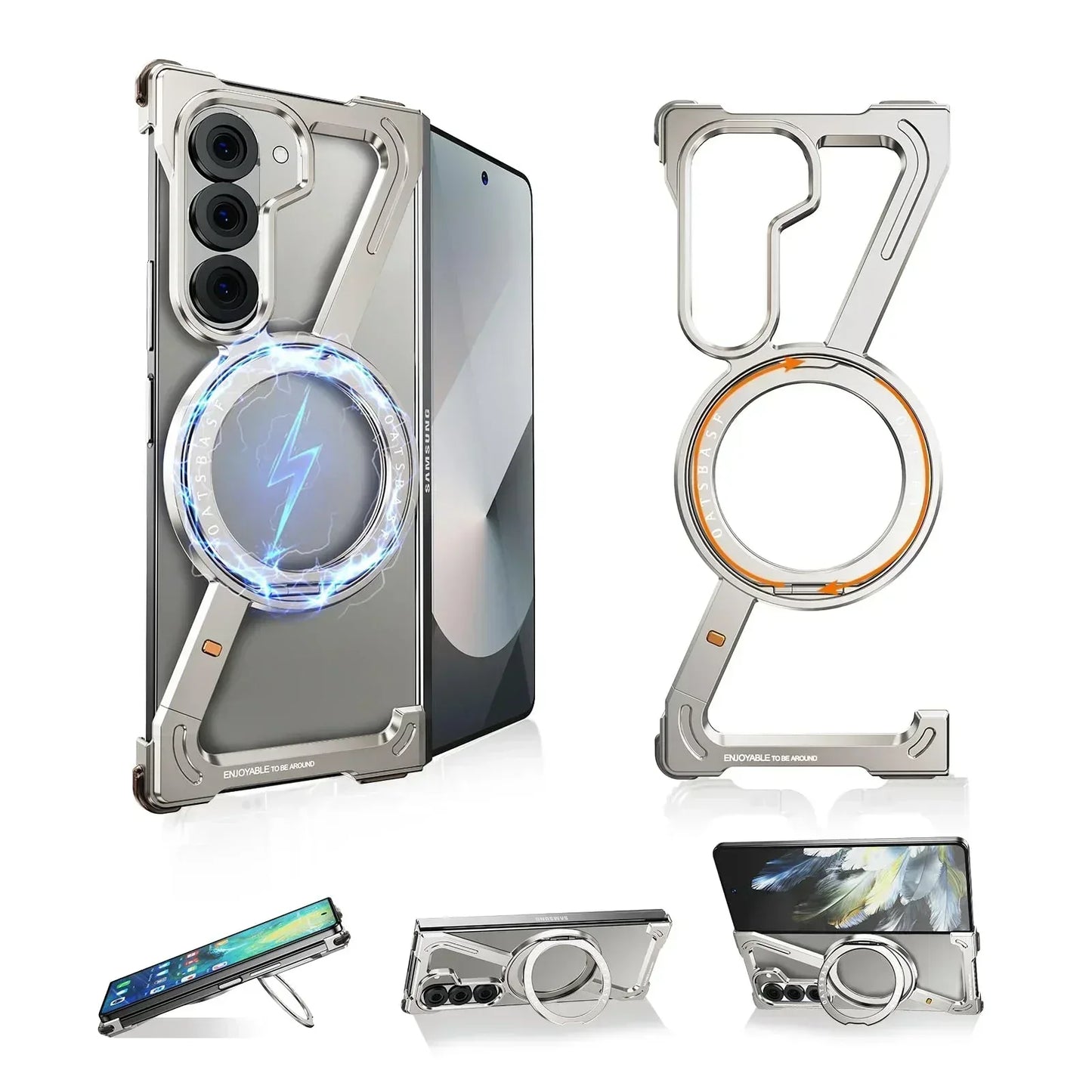 Oatsbasf Aluminium Z Case for Samsung Galaxy Z Fold 7 w/ 360°Rotating Magnetic Stand Frameless Phone Cover Shockproof Bumper