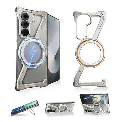 Oatsbasf Aluminium Z Case for Samsung Galaxy Z Fold 7 w/ 360°Rotating Magnetic Stand Frameless Phone Cover Shockproof Bumper