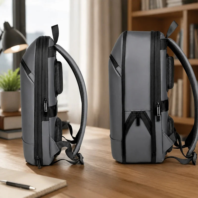 Durable minimalist backpack for men, designed for commuters with integrated luggage strap
