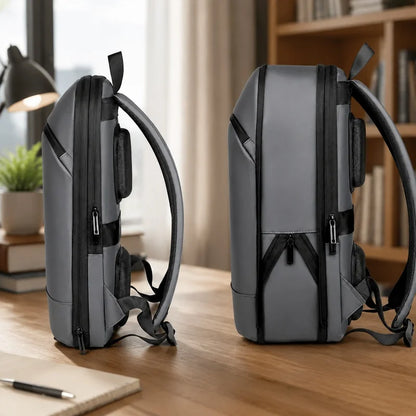 Durable minimalist backpack for men, designed for commuters with integrated luggage strap