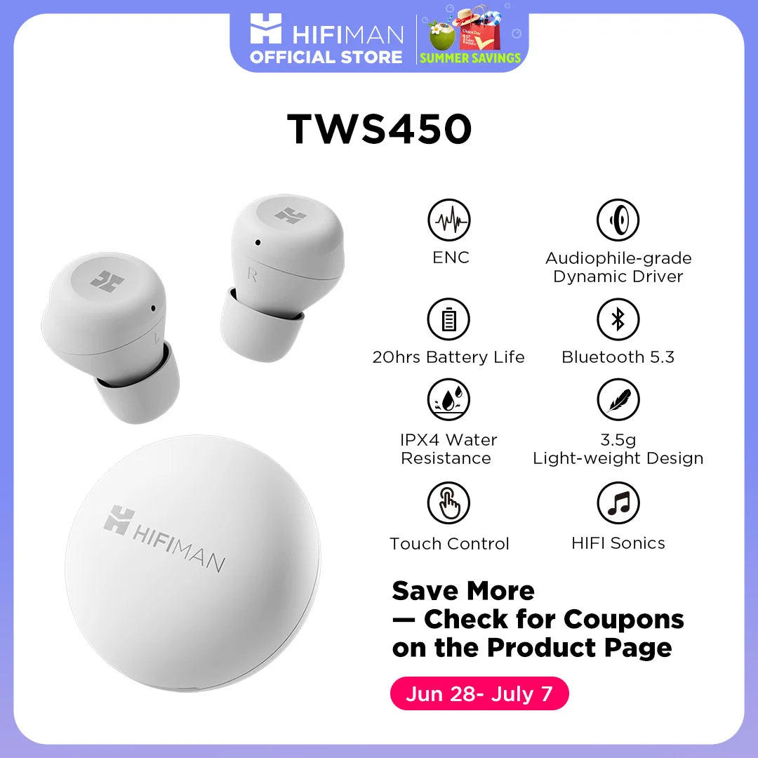 HIFIMAN TWS450 True Wireless Stereo Headset with Environmental Noise Cancellation & Audiophile-grade Dynamic Driver