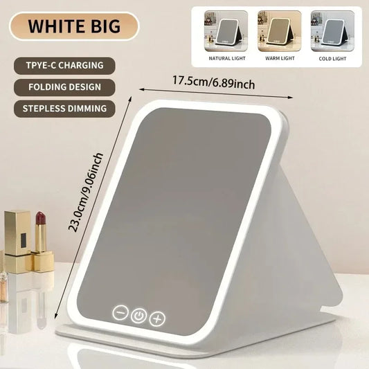 USB Rechargeable 3 Colors LED Makeup Mirror Pocket Mirror Touch Dimmable 3 Brightness Foldable for Travel Office Home - Urbizia