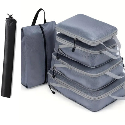 6PCS Travel Compressed Packing Cubes Storage Organizer Set With Shoe Bag Mesh Visual Luggage Portable Lightweight Suitcase Bag