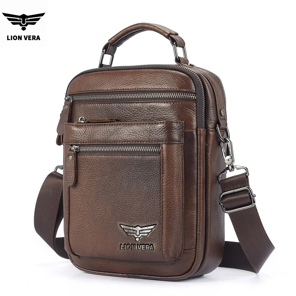 LION VERA Men's Shoulder Bag Casual Mobile Phone Zipper Bag Large Capacity Business Genuine Leather Travel Crossbody Bag