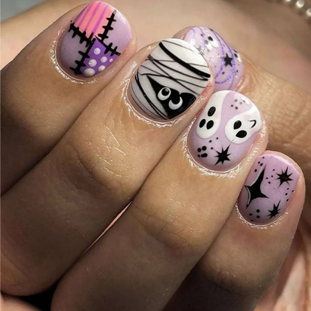 24Pcs Halloween Spider Print False Nails – Gothic Short Round Press-on Nail Tips for Women