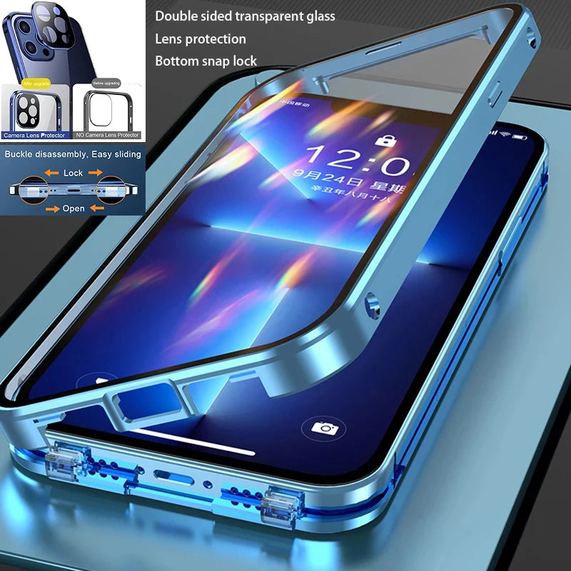 360°Full Protection Metal Magnetic Double-Sided Glass Lock Buckle Phone Case For iPhone 16 Pro Max 14 12 13 11 15 Pro Max Cover