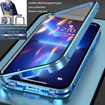 360°Full Protection Metal Magnetic Double-Sided Glass Lock Buckle Phone Case For iPhone 16 Pro Max 14 12 13 11 15 Pro Max Cover