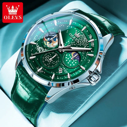OLEVS Fashion Starry Sky Green Dial Quartz Watch for Men Multifunction Moon Phase Luminous Chronograph Watches Relogio Masculino