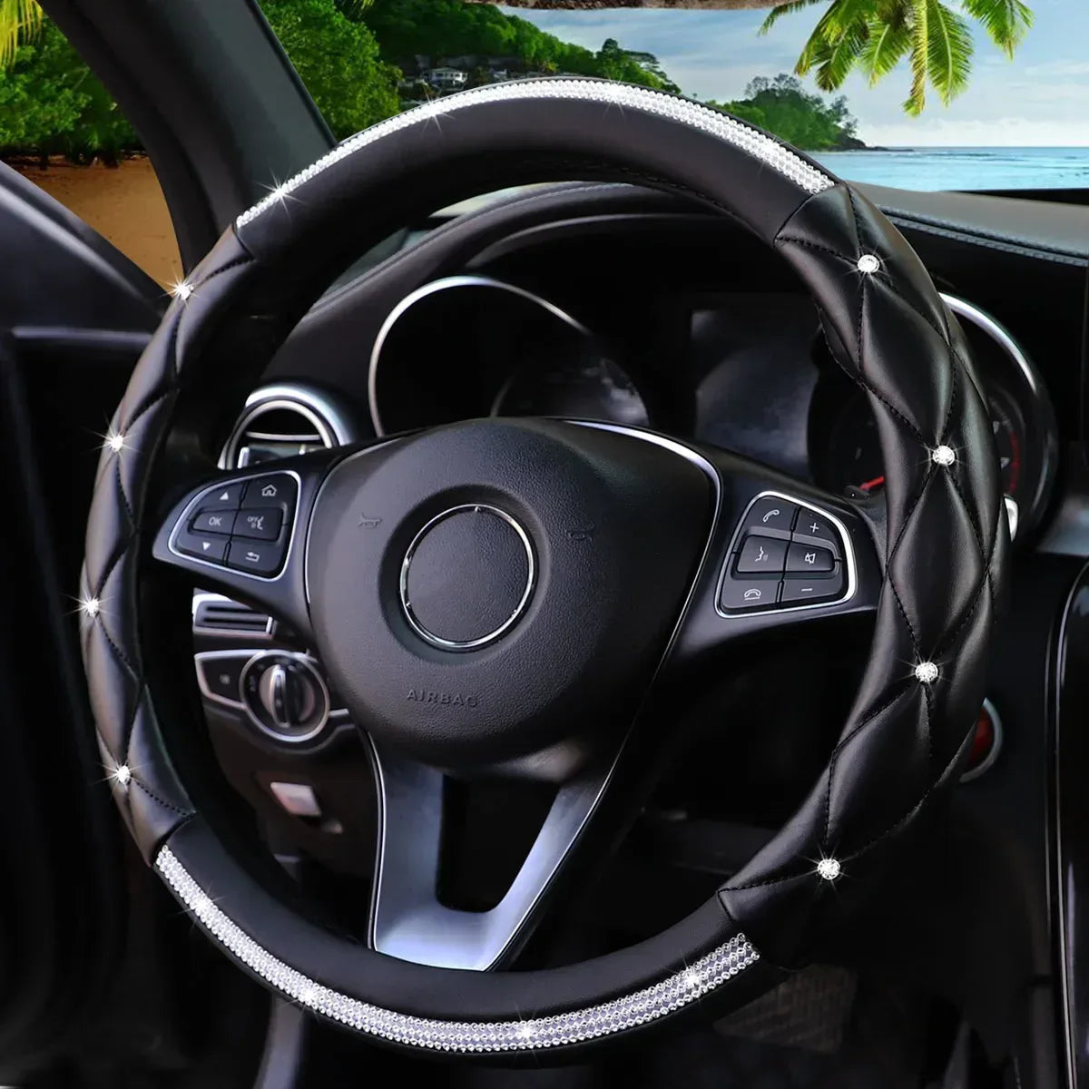 1 Stereo Leather Inset Faux Diamond Flash Blingbling Car with Inner Ring Steering Wheel Cover for 14.5-15 Inch Car Accessories - Urbizia