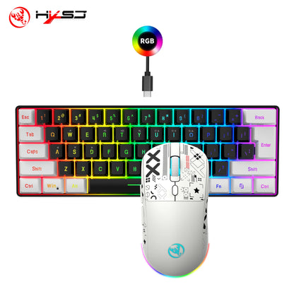 HXSJ-60% RGB Backlit Gaming Keyboard and Mouse Set 61-Key wired Keyboard 3-mode optical gaming wireless mouse for laptop PC