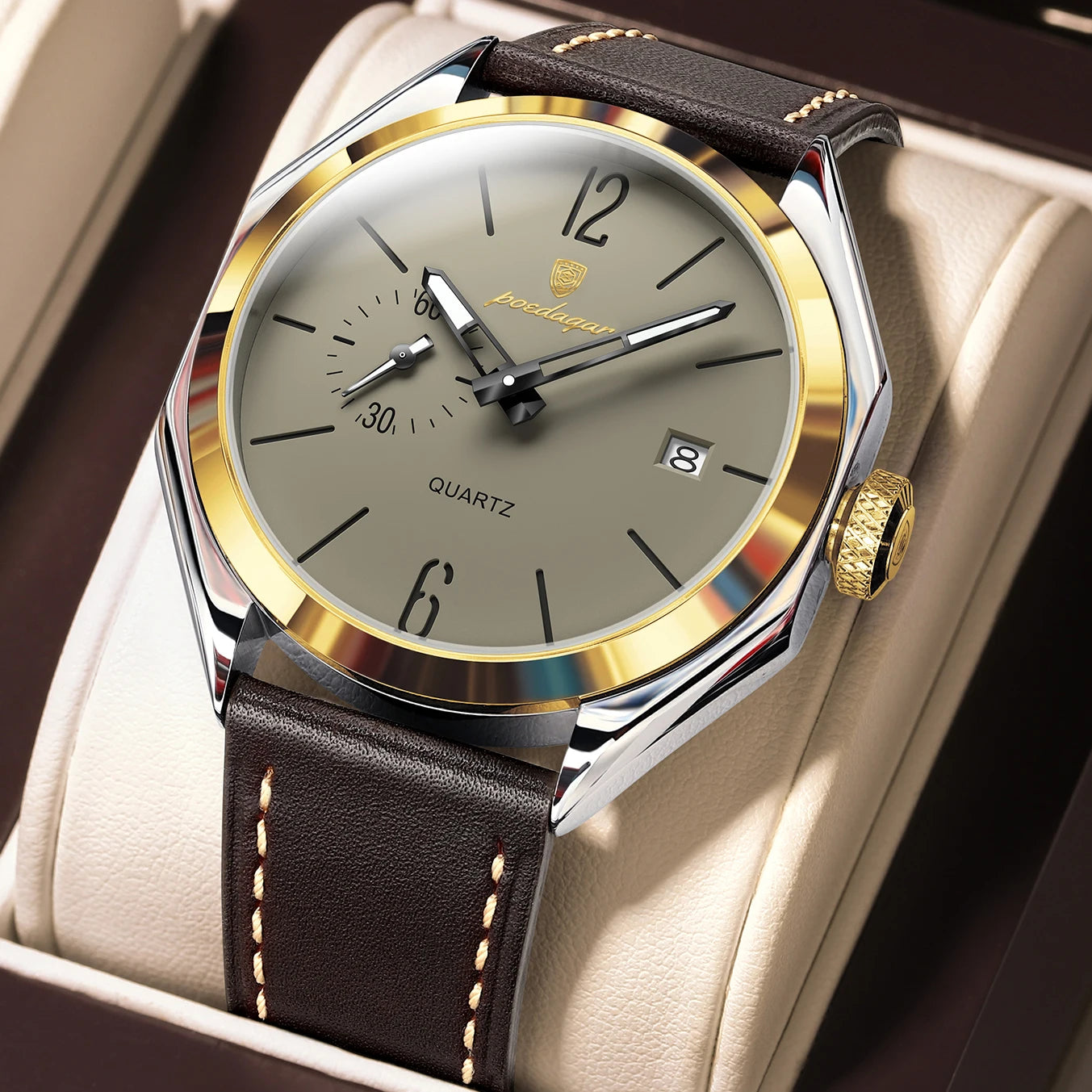 POEDAGAR Original Fashion Male Wristwatch Leather Quartz Business Men Watch Waterproof Luminous Date Elegant Men's Watches Reloj