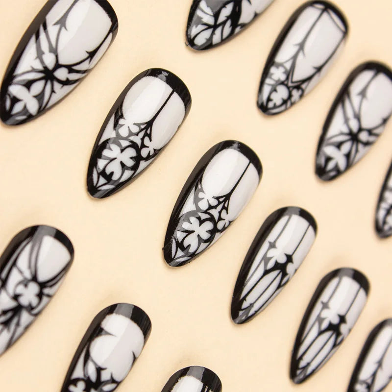 24 Pcs Gothic White Glossy Almond Fake Nails – Long Press On Nails with Jelly Tabs for Halloween