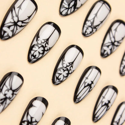 24 Pcs Gothic White Glossy Almond Fake Nails – Long Press On Nails with Jelly Tabs for Halloween