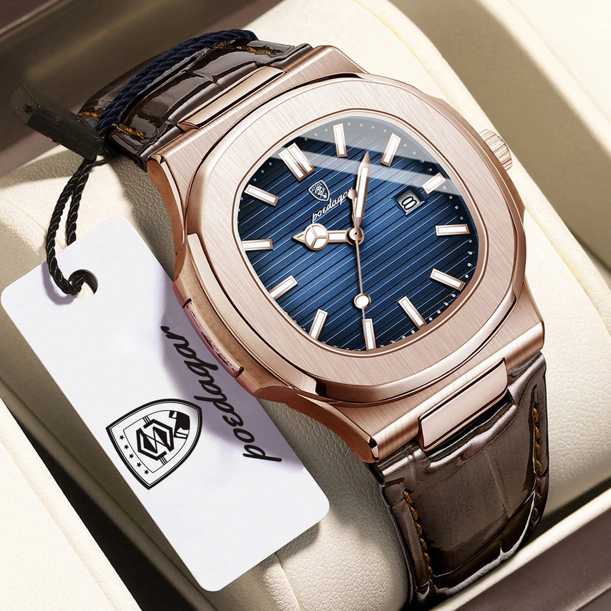 POEDAGAR Business Men's Watch Date Waterproof Luminous Luxury Men Clock High Quality Leather Quartz Square Watches For Man Reloj