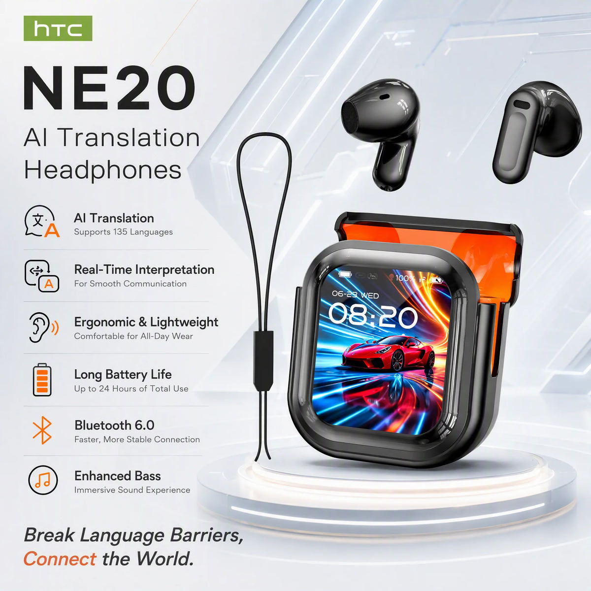 HTC NE20 AI Translator Earbuds Portable Lanyard Long Battery Wireless Headphone Smart Touch LED Screen Bluetooth Earphones