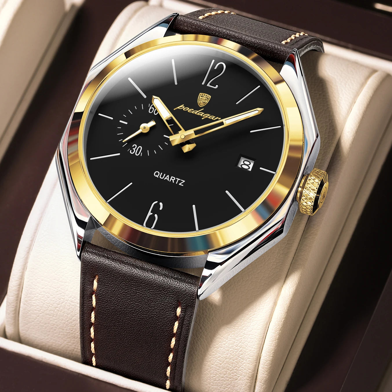POEDAGAR Original Fashion Male Wristwatch Leather Quartz Business Men Watch Waterproof Luminous Date Elegant Men's Watches Reloj
