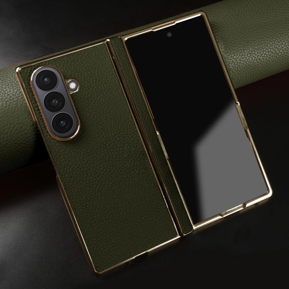 Lychee Genuine Leather Case For Samsung Galaxy Z Fold 7 6 5 4 3 phone Cover Fold7 Fold5 Fold6 fold4 fold3 Cases Funda Para Coque