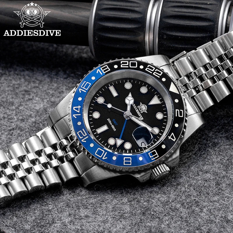 ADDIESDIVE AD2050 Luxury GMT Watch Stainless Steel Super Luminous 20Bar Water-Resistance Diving Men Quartz Watches Ceramic Bezel
