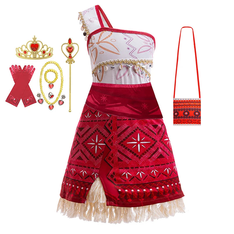 Girls Moana 2 Movie Dress – Halloween Party Adventure Costume & Princess Outfit with Vaiana Pet Pig Accessories