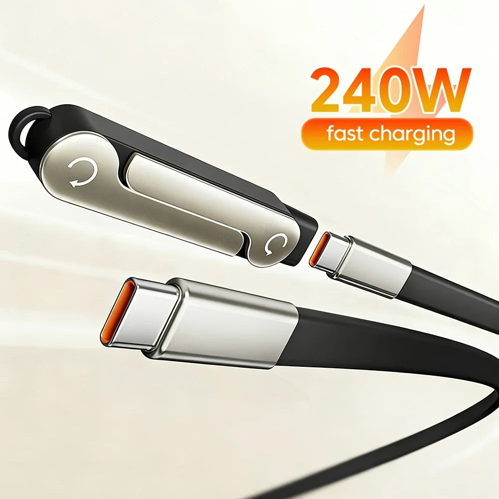 240W 2-in-1 Black/Orange Fast Charging Foldable Bracket Data Cable Type-C to Type-C Data Wire with Phone Tablet Stand