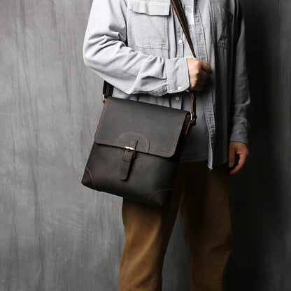 NZPJ Retro Men's Leather Shoulder Bag First Top Layer Cowhide Messenger Bag Casual Vertical Men's Bag Suitable For 11-Inch Ipad