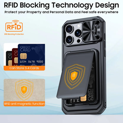 WEFOR for iPhone 18 17 16 15 Pro Max Wallet Card Holder 3-4 Cards Kickstand Slide Camera Cover Wrist Strap Rugged Shockproof