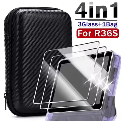 3 IN 1 Carrying Storage Case with Tempered Glass Screen Protectors for R36S Game Console Protectors Kit Anti-Scratch Bag & Films