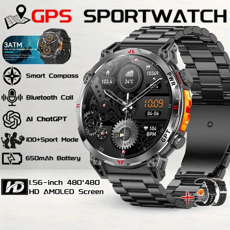 Military Grade Smart Watch Men GPS Compass Altimeter Clock 1.56" AMOLED 5ATM Waterproof Sport Fitness Tracker BT Call Smartwatch - Urbizia