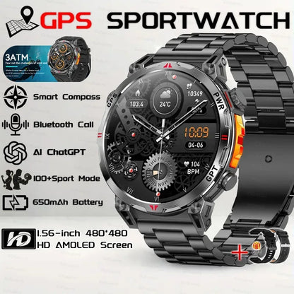 Military Grade Smart Watch Men GPS Compass Altimeter Clock 1.56" AMOLED 5ATM Waterproof Sport Fitness Tracker BT Call Smartwatch - Urbizia