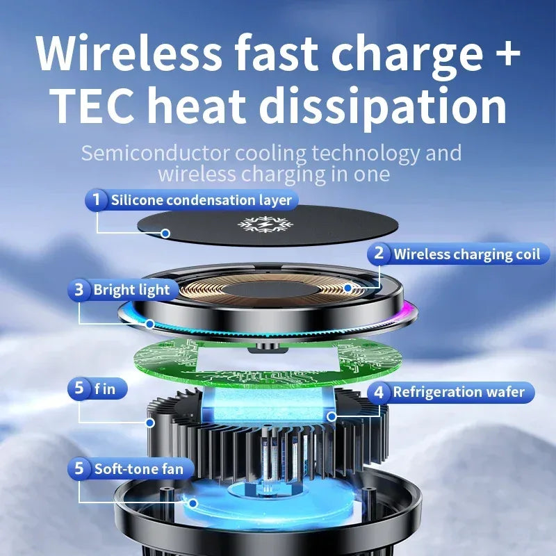 Ice Cooling Magnetic Wireless Car Charger Fast Charging Station for iPhone15 14 13 12 Pro Max 15W Magnet Car Phone Holder Stand - Urbizia