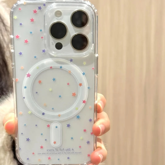 Colored stars, transparent magnet case for iPhone17 16, 15 14 13 12 11 Pro Max Plus