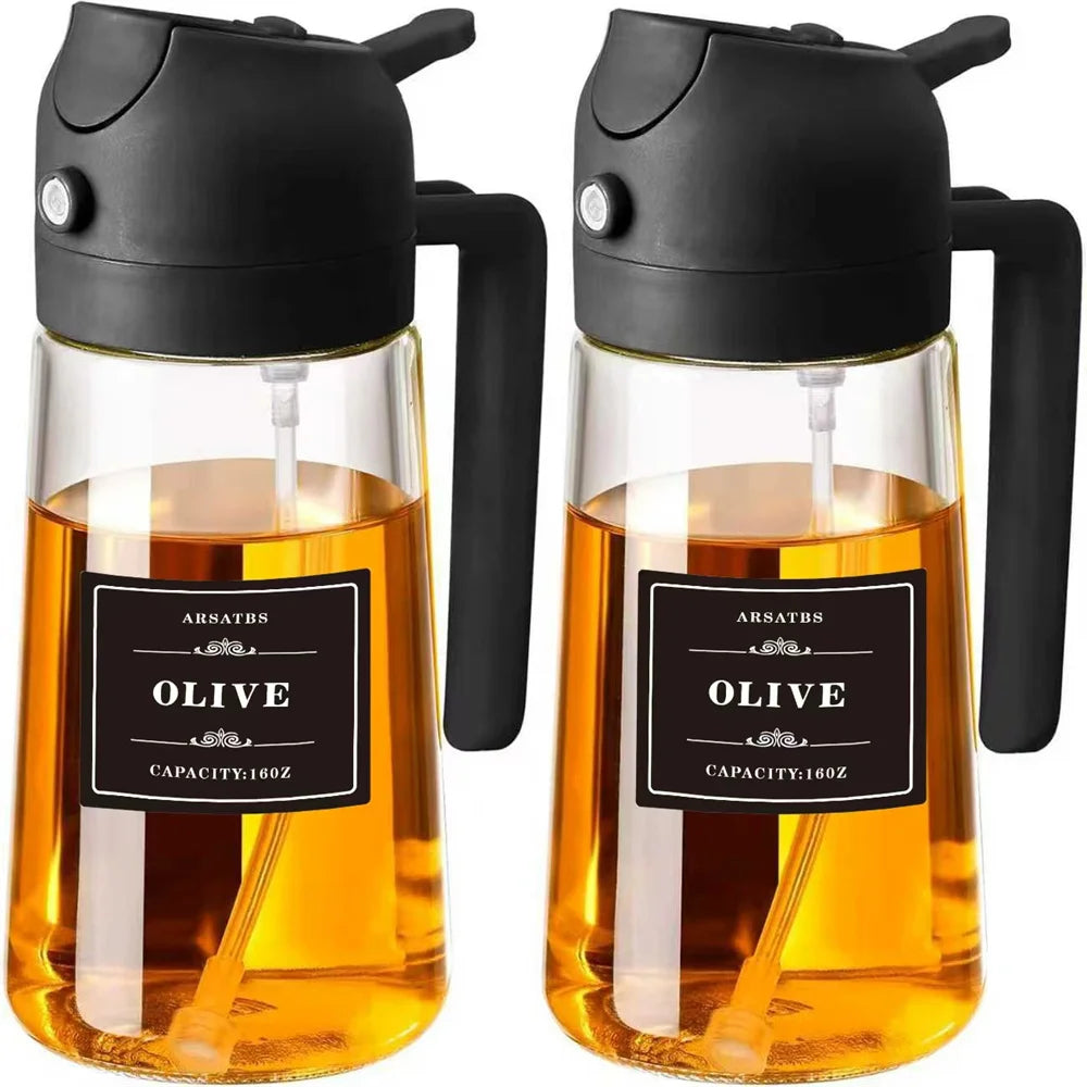 Oil Sprayer for Cooking, Kitchen 2 in 1 Spray and Pour Olive Oil Dispenser with Stickers,470ML Glass Oil Spray Bottle