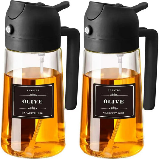Oil Sprayer for Cooking, Kitchen 2 in 1 Spray and Pour Olive Oil Dispenser with Stickers,470ML Glass Oil Spray Bottle