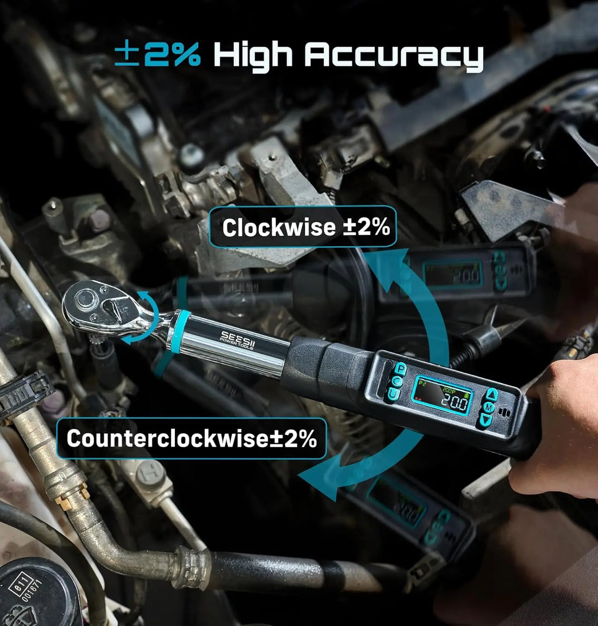 Seesii 3/8" Digital Torque Wrench 220Nm LCD Display Real-Time & Peak Modes Preset & Data Storage Dual Alarm for Bicycle Car