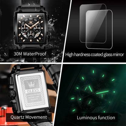 OLEVS 9919 Men Watch Original Brand Square Quartz Watch Waterproof Luminous Leather Strap Sport Clock Male Watch For Men